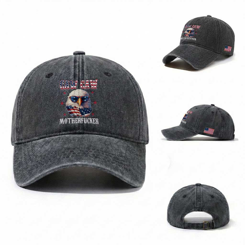 Bald Eagle Patriotic Washed Cotton Baseball Cap Caw Caw Motherfucker American Flag TS10 Washed Cap Universal Fit Dark Gray Print Your Wear