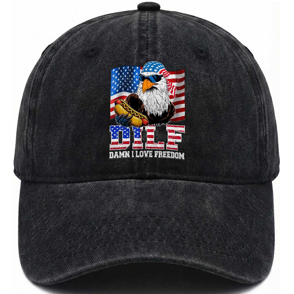 Funny Patriotic 4th Of July Washed Cotton Baseball Cap Eagle DILF Damn I Love Freedom TS10 Washed Cap Universal Fit Black Print Your Wear