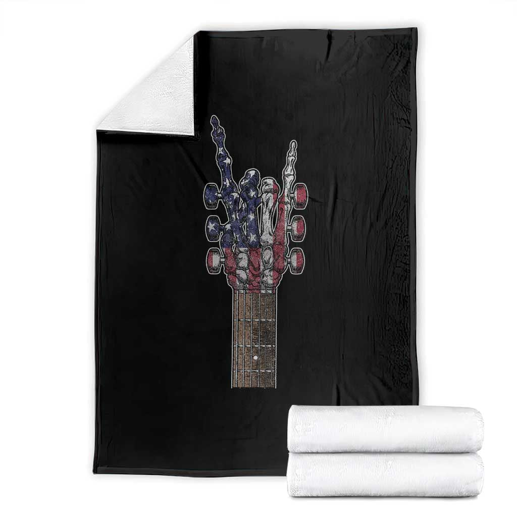 Rock On Skeleton Hand Guitar Throw Blanket Retro American Flag Heavy Metal Guitarist TS10 Black Print Your Wear