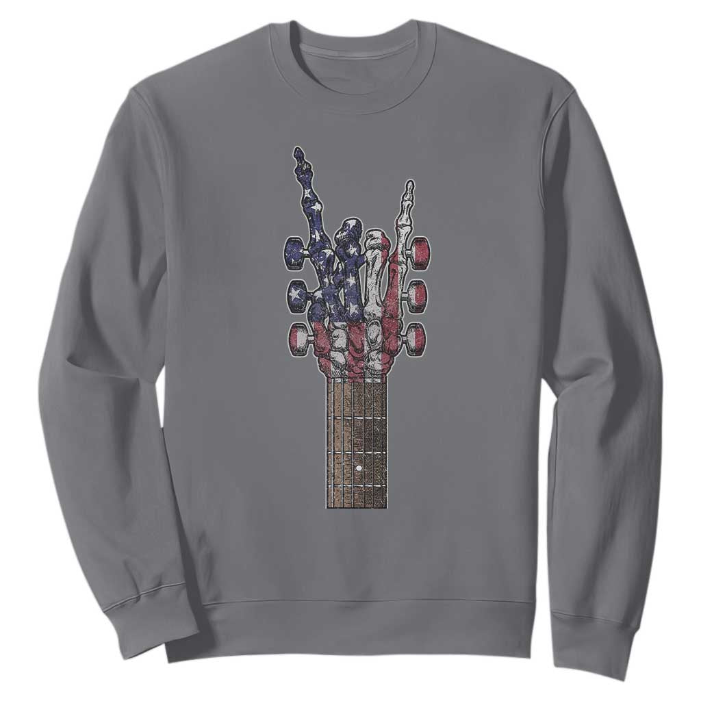 Rock On Skeleton Hand Guitar Sweatshirt Retro American Flag Heavy Metal Guitarist TS10 Charcoal Print Your Wear