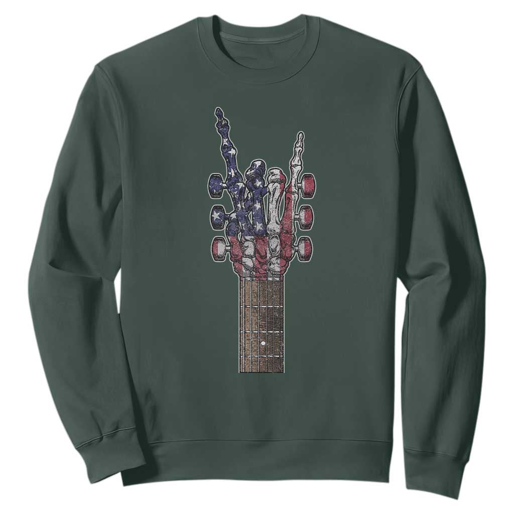 Rock On Skeleton Hand Guitar Sweatshirt Retro American Flag Heavy Metal Guitarist TS10 Dark Forest Green Print Your Wear