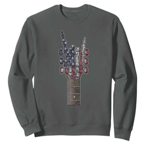 Rock On Skeleton Hand Guitar Sweatshirt Retro American Flag Heavy Metal Guitarist TS10 Dark Heather Print Your Wear
