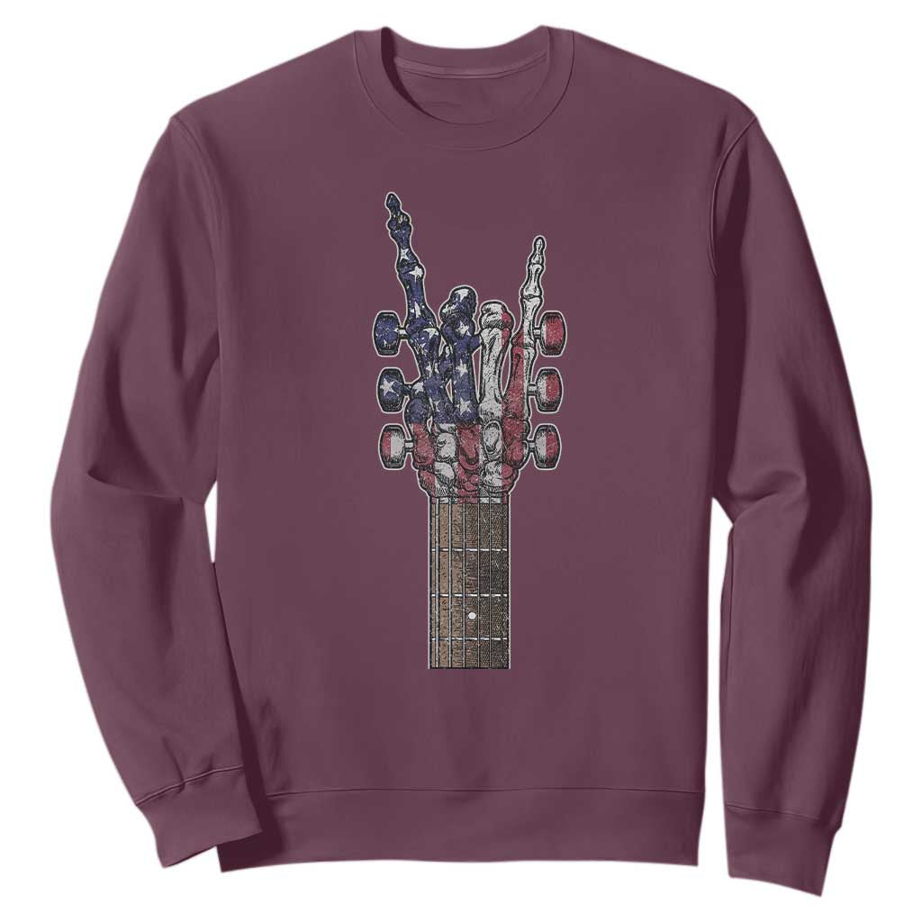 Rock On Skeleton Hand Guitar Sweatshirt Retro American Flag Heavy Metal Guitarist TS10 Maroon Print Your Wear