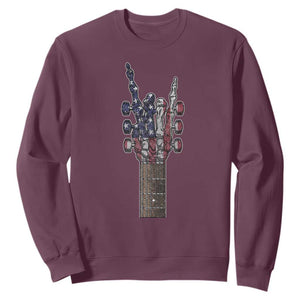 Rock On Skeleton Hand Guitar Sweatshirt Retro American Flag Heavy Metal Guitarist TS10 Maroon Print Your Wear