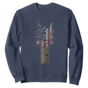 Rock On Skeleton Hand Guitar Sweatshirt Retro American Flag Heavy Metal Guitarist TS10 Navy Print Your Wear
