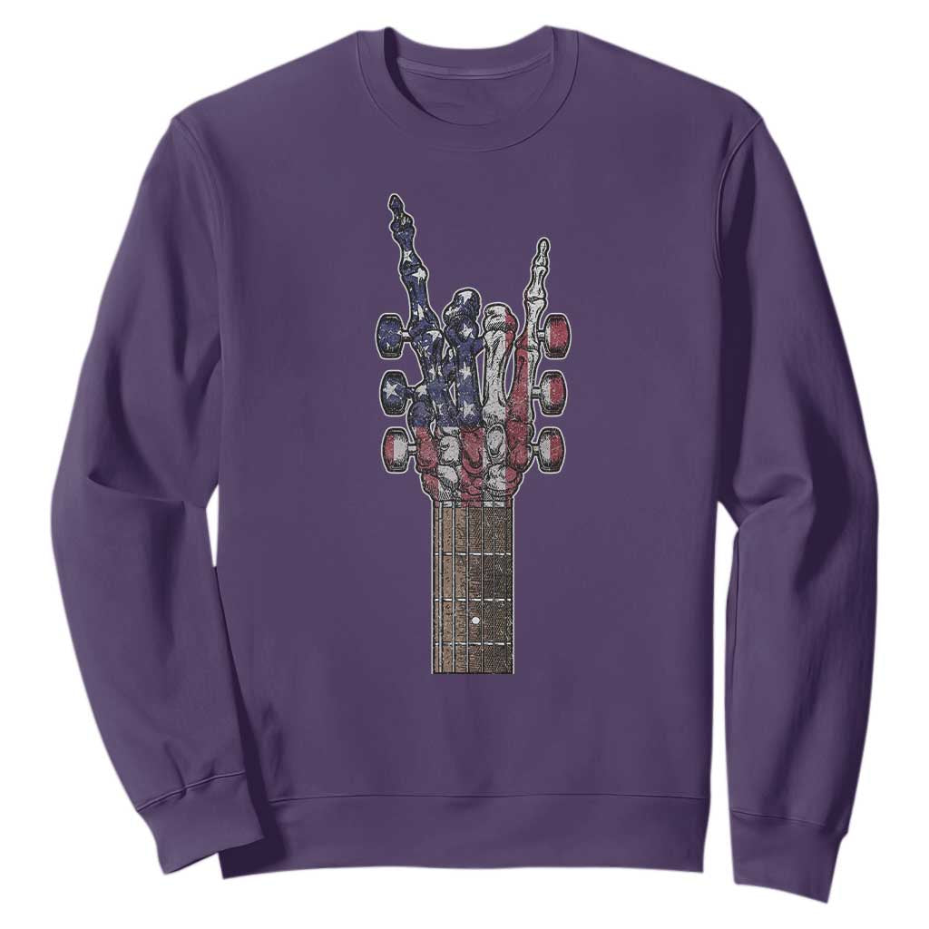 Rock On Skeleton Hand Guitar Sweatshirt Retro American Flag Heavy Metal Guitarist TS10 Purple Print Your Wear