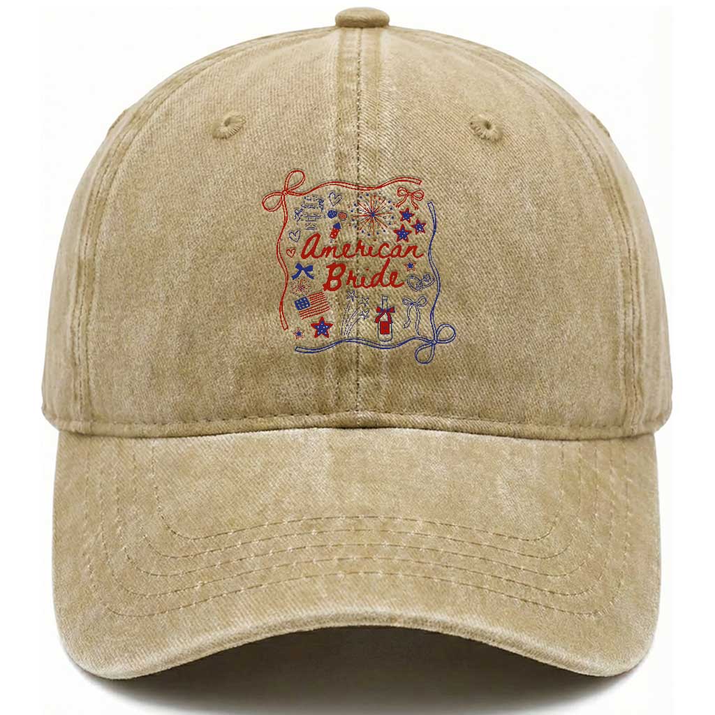 American Bride Bachelorette Party Washed Cotton Baseball Cap Coquette Bow 4th Of July TS10 Washed Cap Universal Fit Khaki Print Your Wear