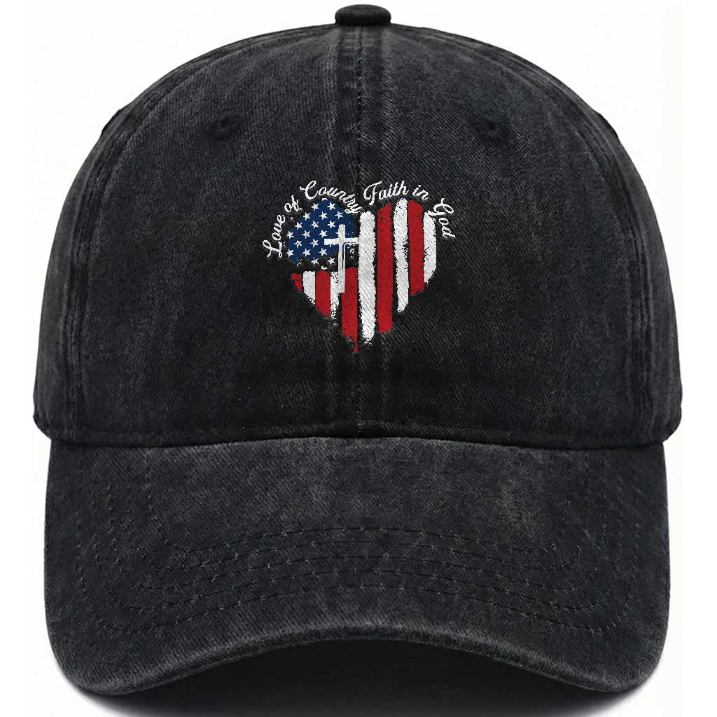 Patriotic Christian Washed Cotton Baseball Cap Faith In God Heart Cross Flag 4th Of July Religious TS10 Washed Cap Universal Fit Black Print Your Wear