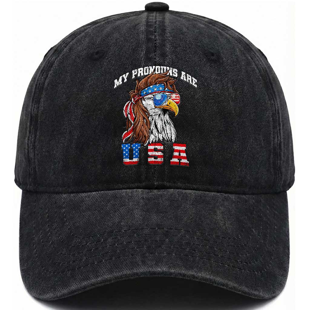Funny 4th of July Washed Cotton Baseball Cap My Pronouns Are USA Eagle American TS10 Washed Cap Universal Fit Black Print Your Wear