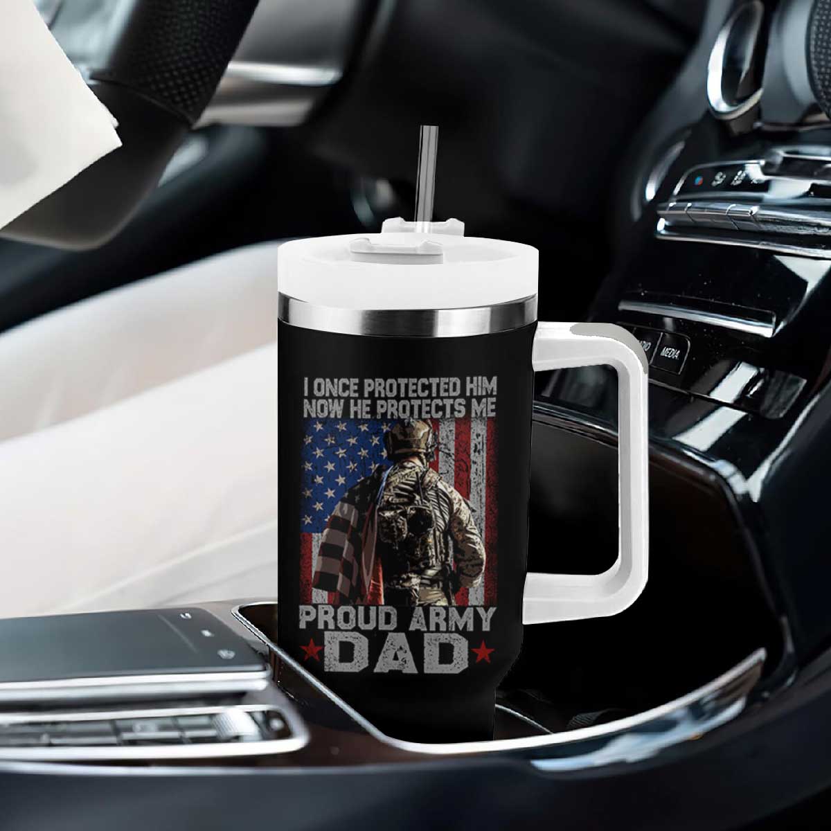 Proud Army Dad Tumbler With Handle I Once Protected Him Now He Protects Me TS10 Print Your Wear