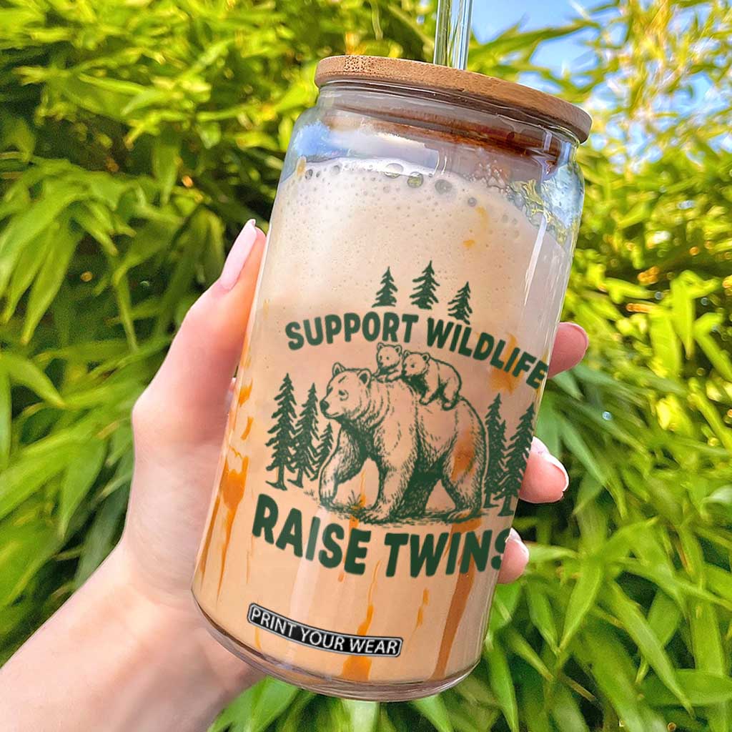 Support Wildlife Raise Twins Glass Can Twin Parent Mom Dad Bear Family TS10 White Print Your Wear
