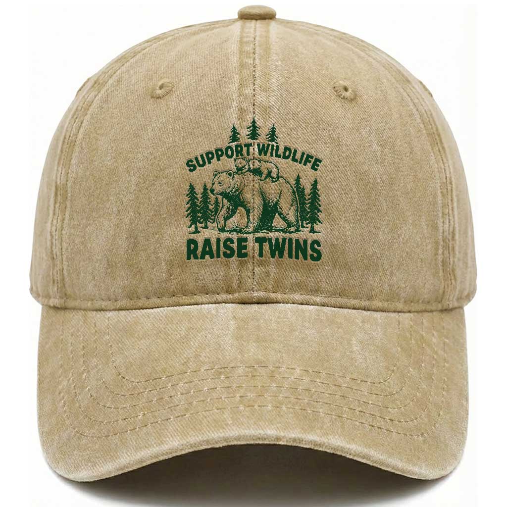Support Wildlife Raise Twins Washed Cotton Baseball Cap Twin Parent Mom Dad Bear Family TS10 Print Your Wear