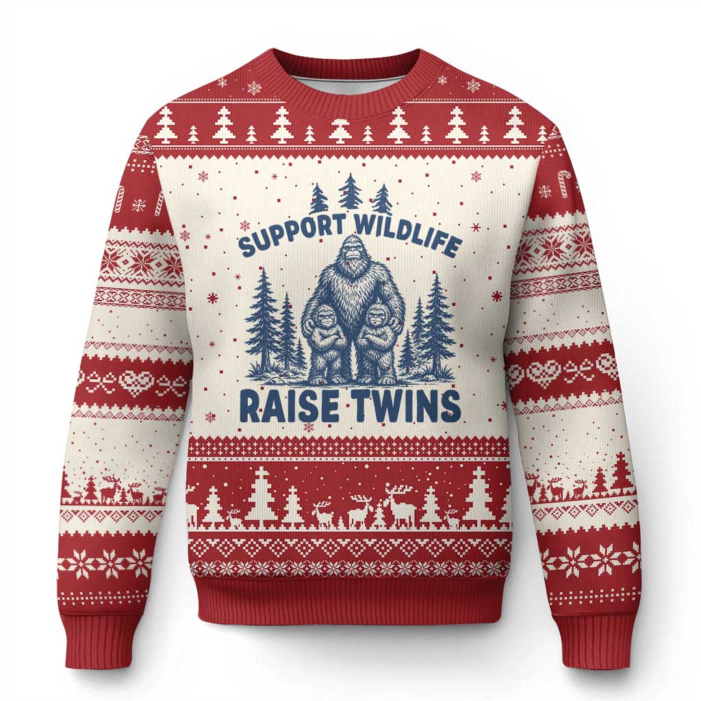 Support Wildlife Raise Twins Ugly Christmas Sweater Twin Dad Mom Parent Bigfoot Family TS10 Beige Red Print Your Wear