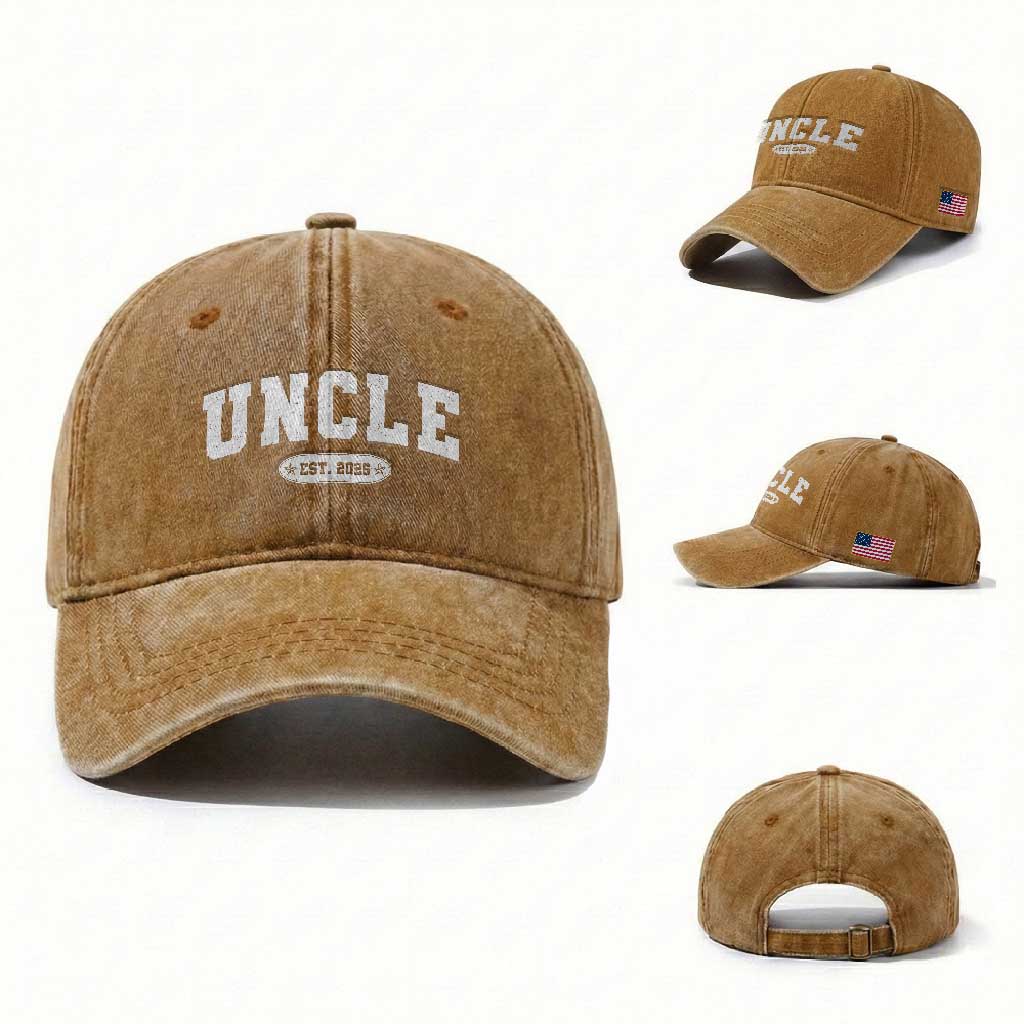 Promoted To Uncle Est 2026 Washed Cotton Baseball Cap New Uncle Gift TS10 Washed Cap Universal Fit Yellow Ochre Print Your Wear