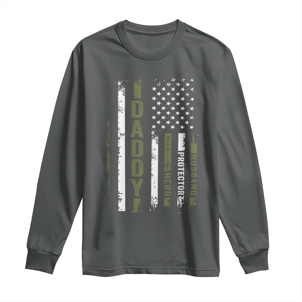 Daddy Husband Protector Hero Long Sleeve Shirt Fathers Day Vintage American Flag TS10 Dark Heather Print Your Wear
