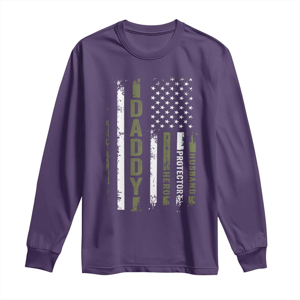 Daddy Husband Protector Hero Long Sleeve Shirt Fathers Day Vintage American Flag TS10 Purple Print Your Wear