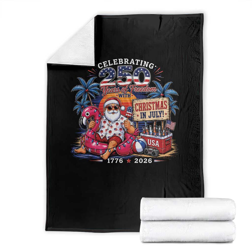 Christmas In July 250 Years 1776 2026 Patriotic Santa Flamingo Float Summer Xmas Throw Blanket TS10 Black Print Your Wear