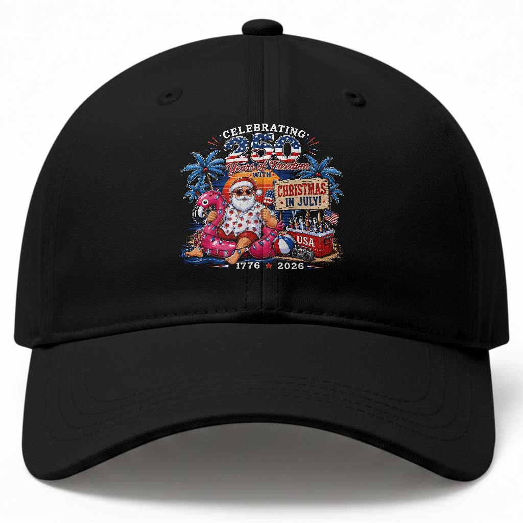 Christmas In July 250 Years 1776 2026 Patriotic Santa Flamingo Float Summer Xmas Baseball Cap TS10 Print Your Wear