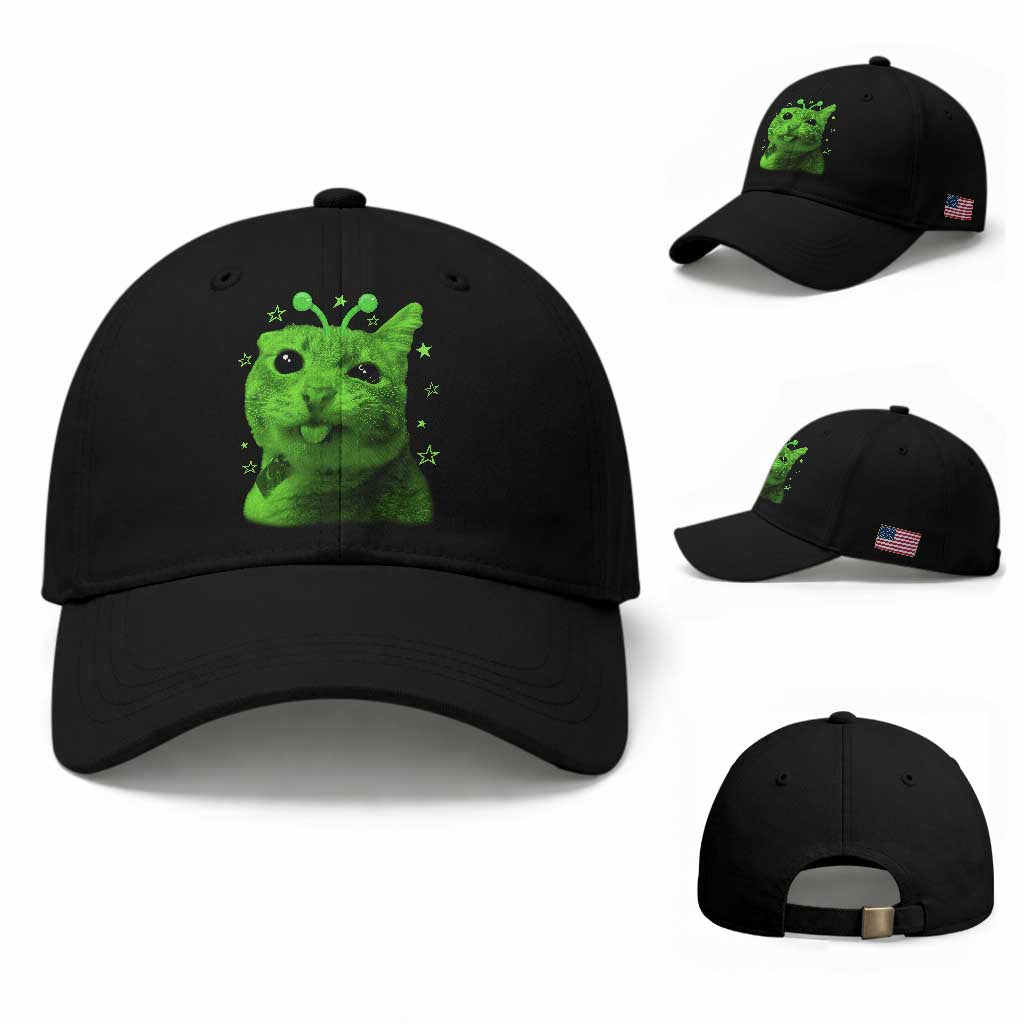 Funny Alien Cat Meme Retro Y2K Vintage Space Kitty Baseball Cap TS10 Baseball Cap Universal Fit Black Print Your Wear