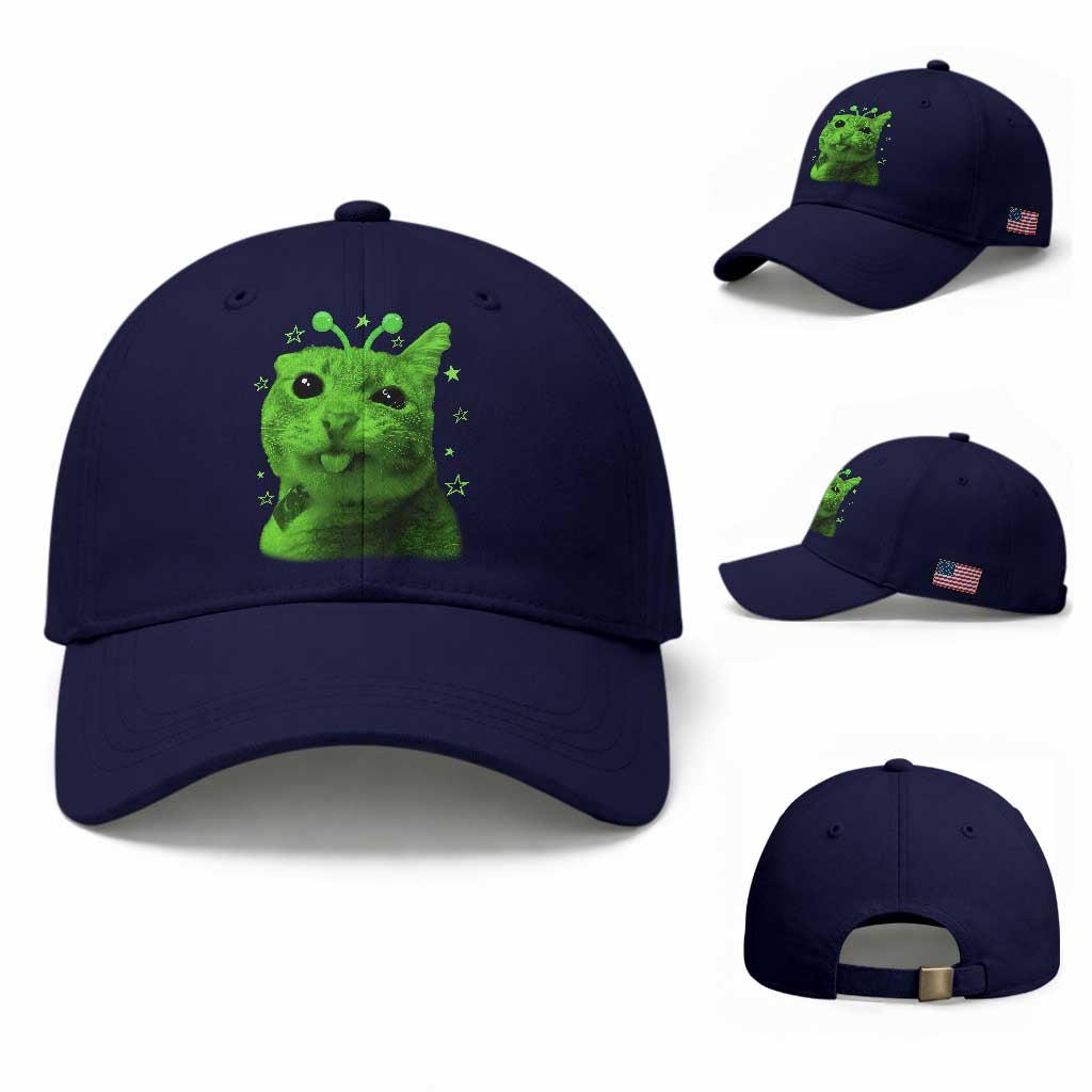 Funny Alien Cat Meme Retro Y2K Vintage Space Kitty Baseball Cap TS10 Baseball Cap Universal Fit Dark Blue Print Your Wear