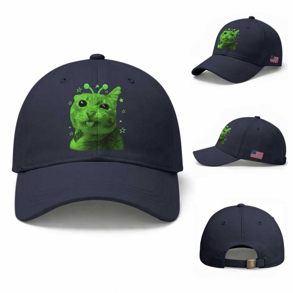 Funny Alien Cat Meme Retro Y2K Vintage Space Kitty Baseball Cap TS10 Baseball Cap Universal Fit Navy Print Your Wear