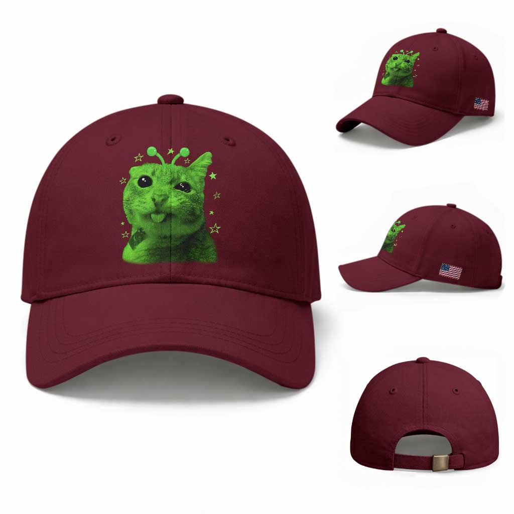 Funny Alien Cat Meme Retro Y2K Vintage Space Kitty Baseball Cap TS10 Baseball Cap Universal Fit Maroon Print Your Wear