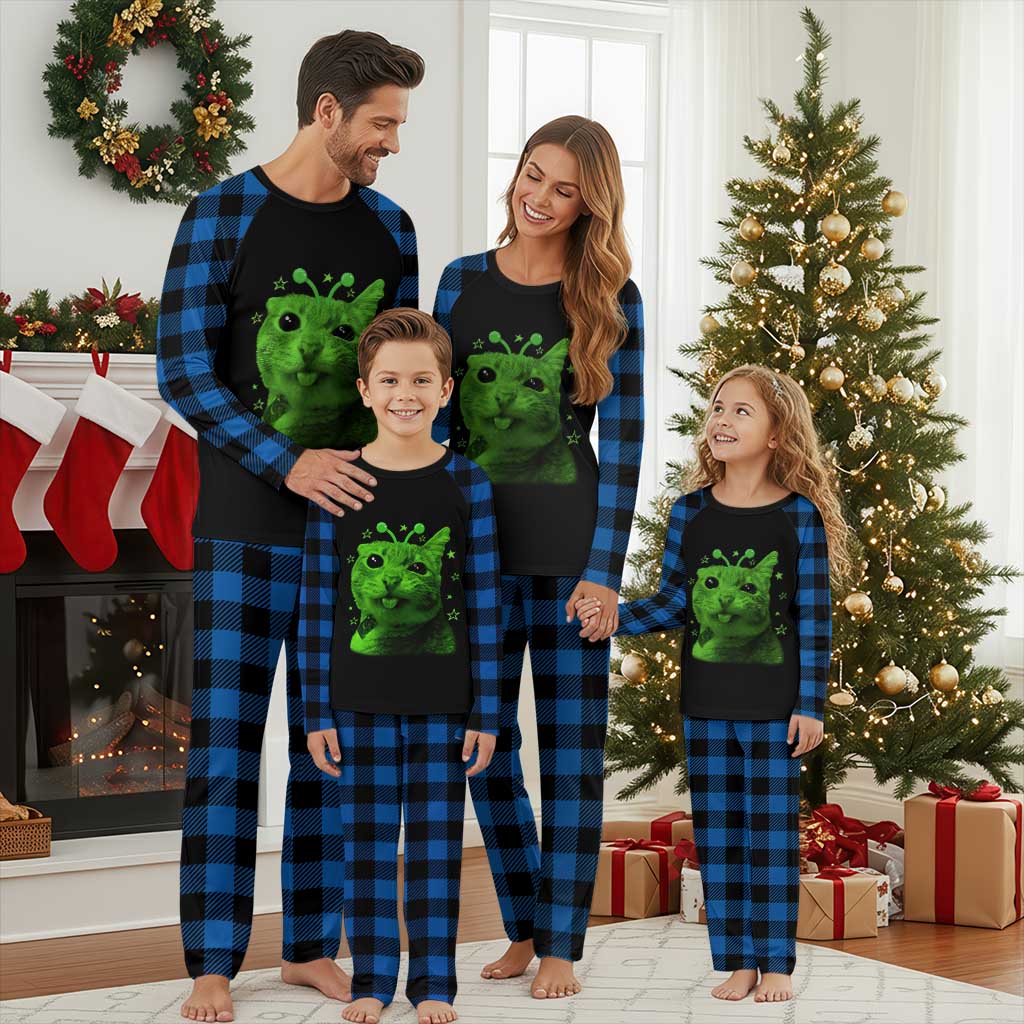 Funny Alien Cat Meme Retro Y2K Vintage Space Kitty Plaid Pajama Set TS10 Blue Plaid Print Your Wear