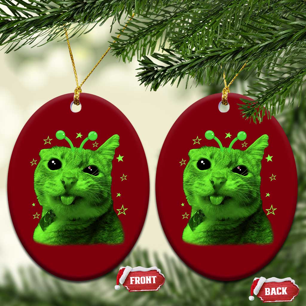 Funny Alien Cat Meme Retro Y2K Vintage Space Kitty Ceramic Ornament TS10 Print Your Wear