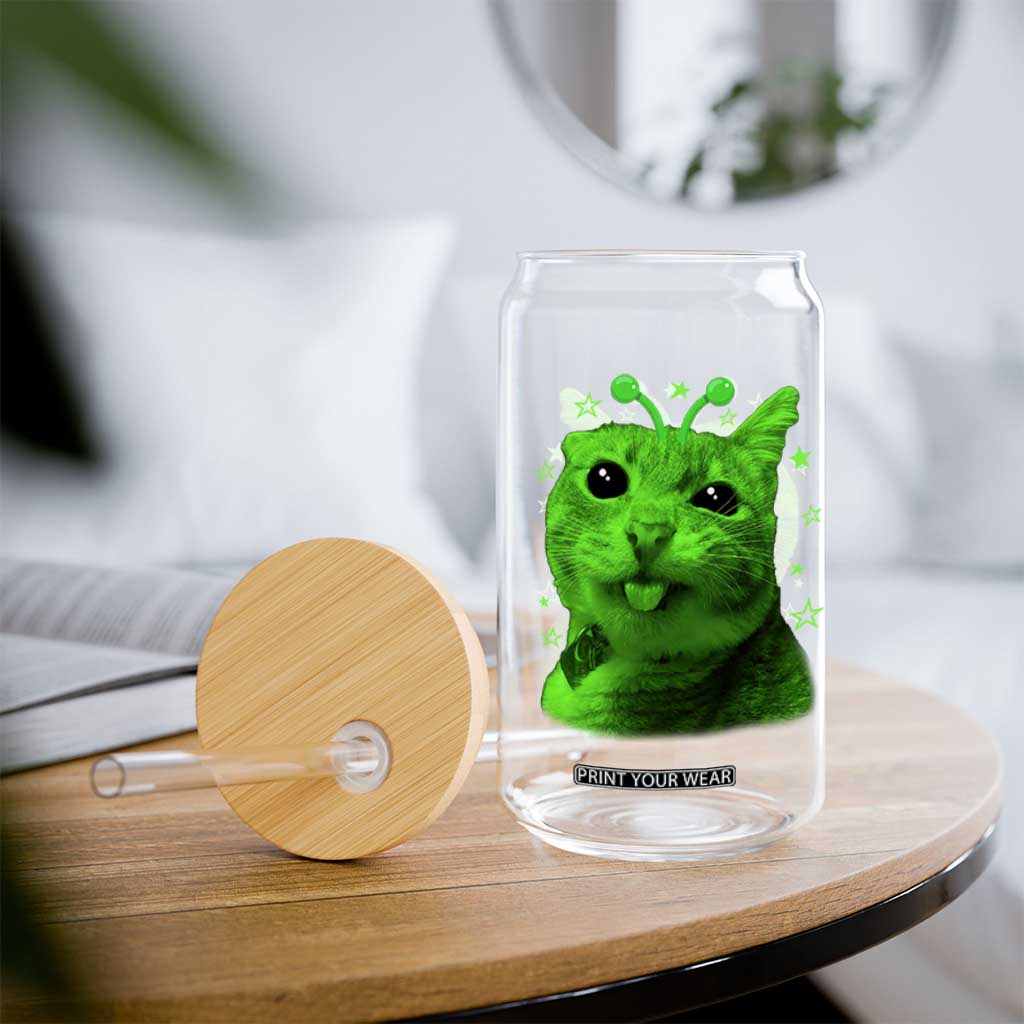 Funny Alien Cat Meme Retro Y2K Vintage Space Kitty Glass Can TS10 Print Your Wear