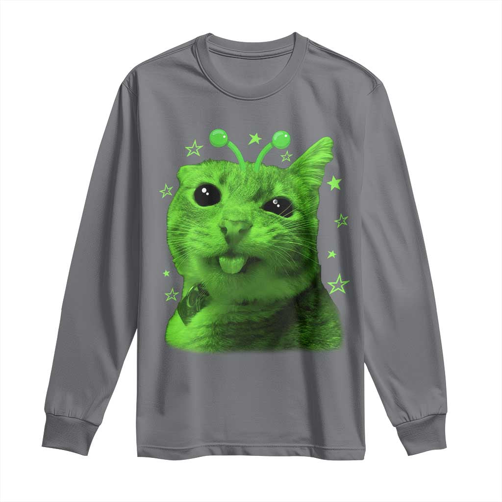 Funny Alien Cat Meme Retro Y2K Vintage Space Kitty Long Sleeve Shirt TS10 Charcoal Print Your Wear