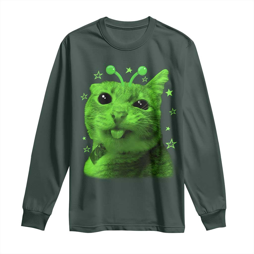 Funny Alien Cat Meme Retro Y2K Vintage Space Kitty Long Sleeve Shirt TS10 Dark Forest Green Print Your Wear