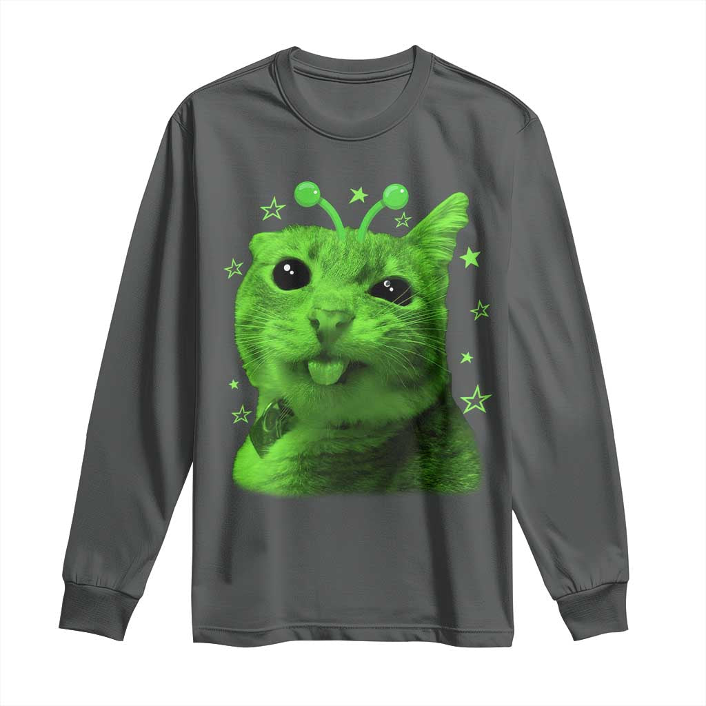 Funny Alien Cat Meme Retro Y2K Vintage Space Kitty Long Sleeve Shirt TS10 Dark Heather Print Your Wear