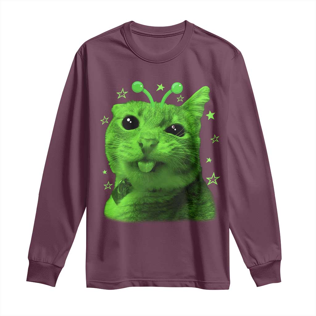 Funny Alien Cat Meme Retro Y2K Vintage Space Kitty Long Sleeve Shirt TS10 Maroon Print Your Wear