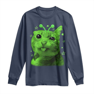Funny Alien Cat Meme Retro Y2K Vintage Space Kitty Long Sleeve Shirt TS10 Navy Print Your Wear