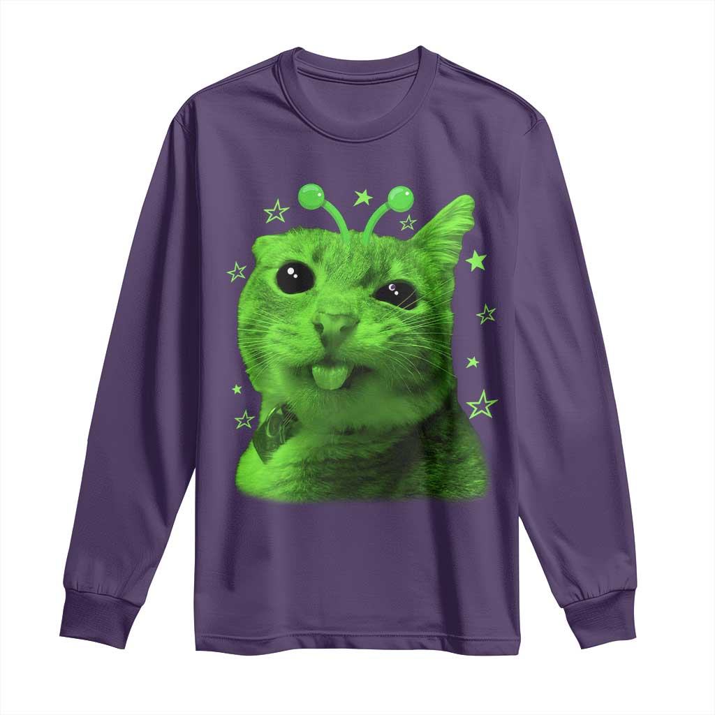 Funny Alien Cat Meme Retro Y2K Vintage Space Kitty Long Sleeve Shirt TS10 Purple Print Your Wear