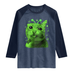 Funny Alien Cat Meme Retro Y2K Vintage Space Kitty Raglan Shirt TS10 Heather Denim Navy Print Your Wear