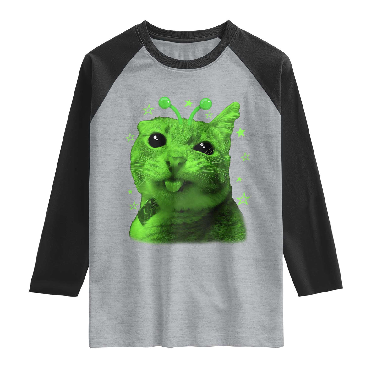 Funny Alien Cat Meme Retro Y2K Vintage Space Kitty Raglan Shirt TS10 Heather Gray Black Print Your Wear