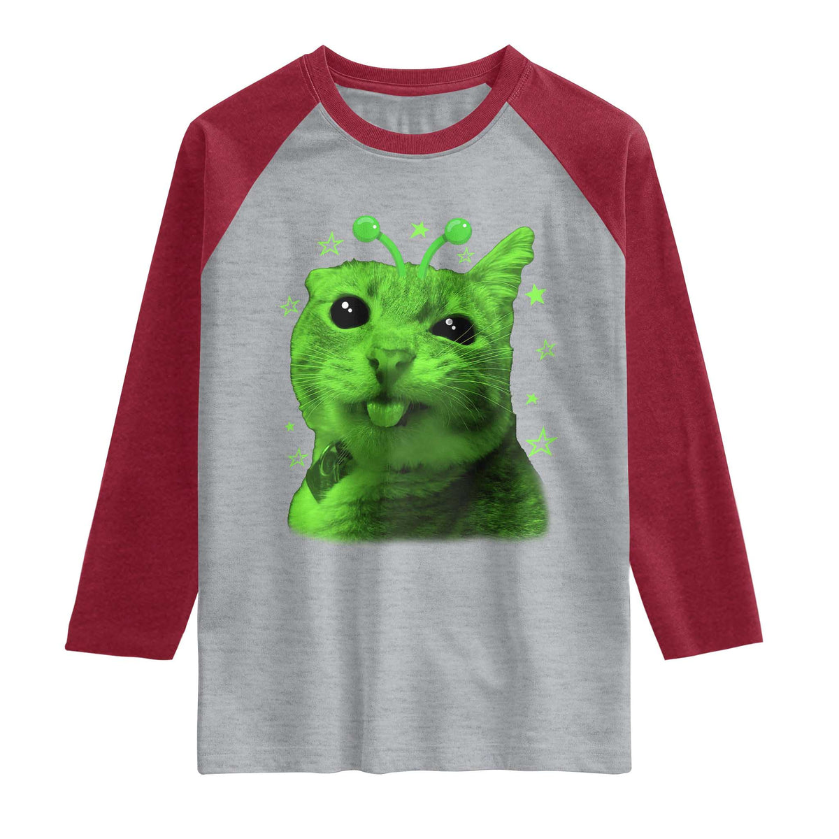 Funny Alien Cat Meme Retro Y2K Vintage Space Kitty Raglan Shirt TS10 Heather Gray Heather Red Print Your Wear