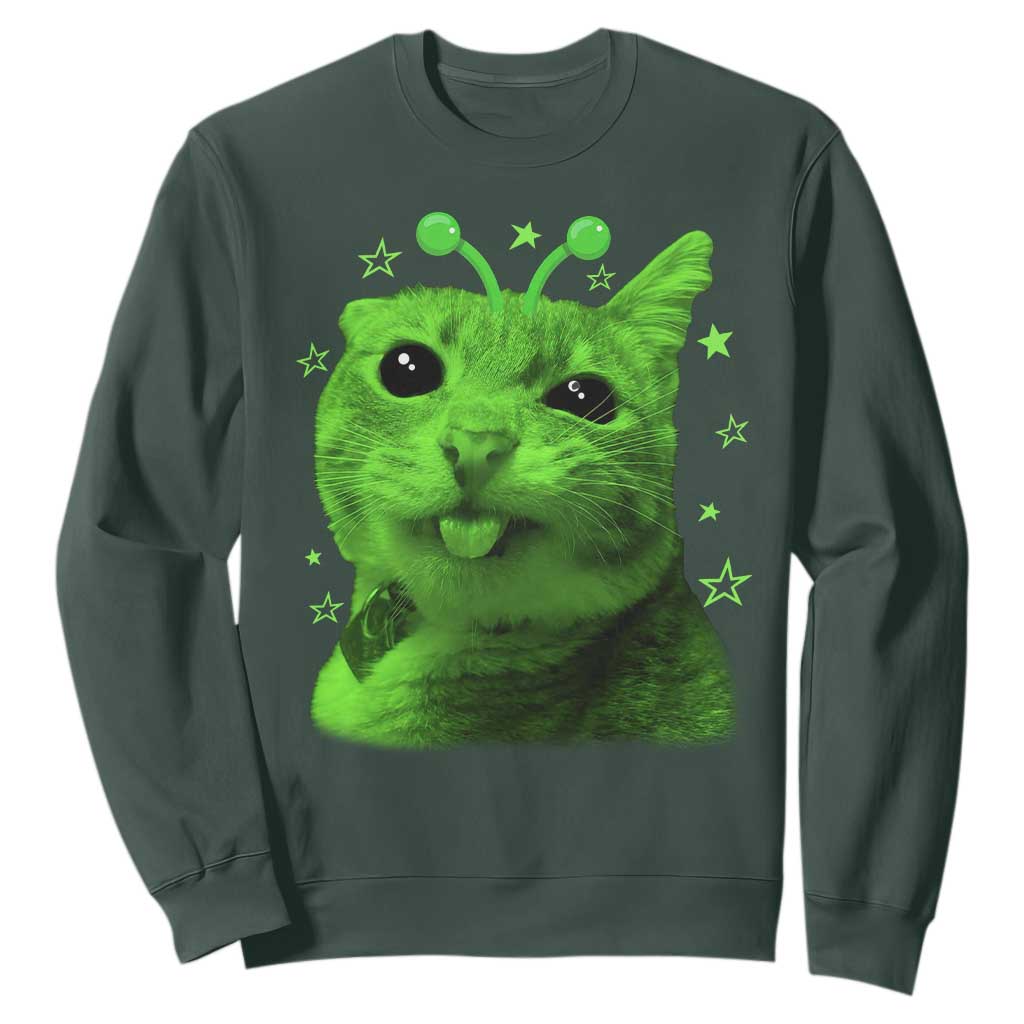 Funny Alien Cat Meme Retro Y2K Vintage Space Kitty Sweatshirt TS10 Dark Forest Green Print Your Wear