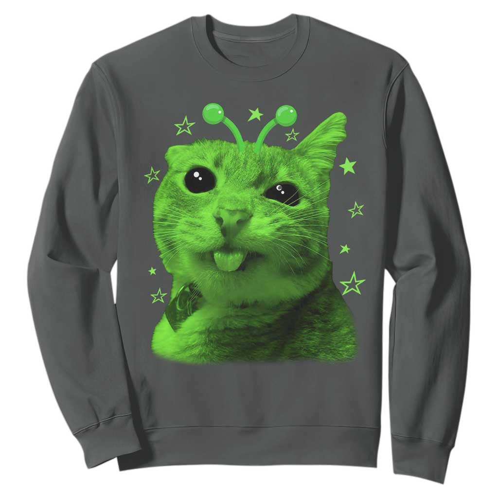 Funny Alien Cat Meme Retro Y2K Vintage Space Kitty Sweatshirt TS10 Dark Heather Print Your Wear