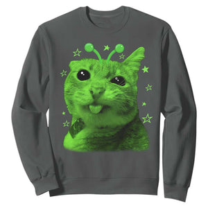 Funny Alien Cat Meme Retro Y2K Vintage Space Kitty Sweatshirt TS10 Dark Heather Print Your Wear