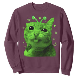 Funny Alien Cat Meme Retro Y2K Vintage Space Kitty Sweatshirt TS10 Maroon Print Your Wear