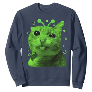 Funny Alien Cat Meme Retro Y2K Vintage Space Kitty Sweatshirt TS10 Navy Print Your Wear