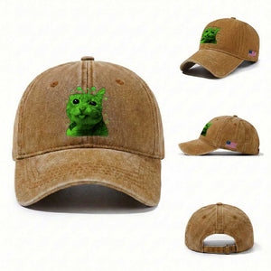Funny Alien Cat Meme Retro Y2K Vintage Space Kitty Washed Cotton Baseball Cap TS10 Washed Cap Universal Fit Yellow Ochre Print Your Wear