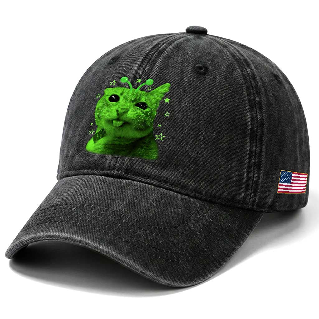Funny Alien Cat Meme Retro Y2K Vintage Space Kitty Washed Cotton Baseball Cap TS10 Print Your Wear