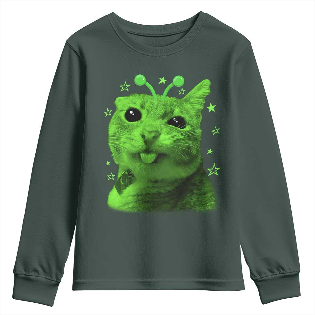 Funny Alien Cat Meme Retro Y2K Vintage Space Kitty Youth Sweatshirt TS10 Dark Forest Green Print Your Wear