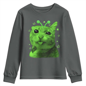 Funny Alien Cat Meme Retro Y2K Vintage Space Kitty Youth Sweatshirt TS10 Dark Heather Print Your Wear