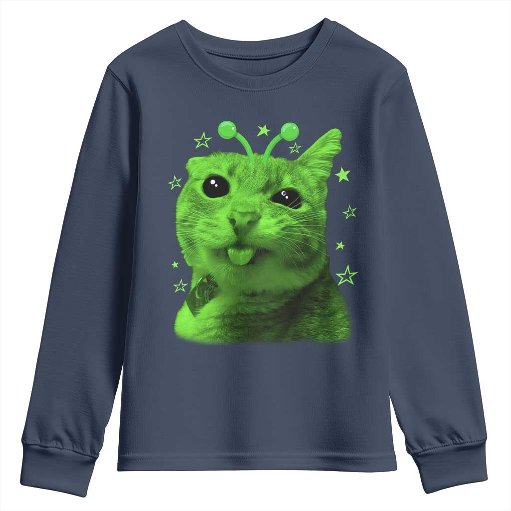 Funny Alien Cat Meme Retro Y2K Vintage Space Kitty Youth Sweatshirt TS10 Navy Print Your Wear