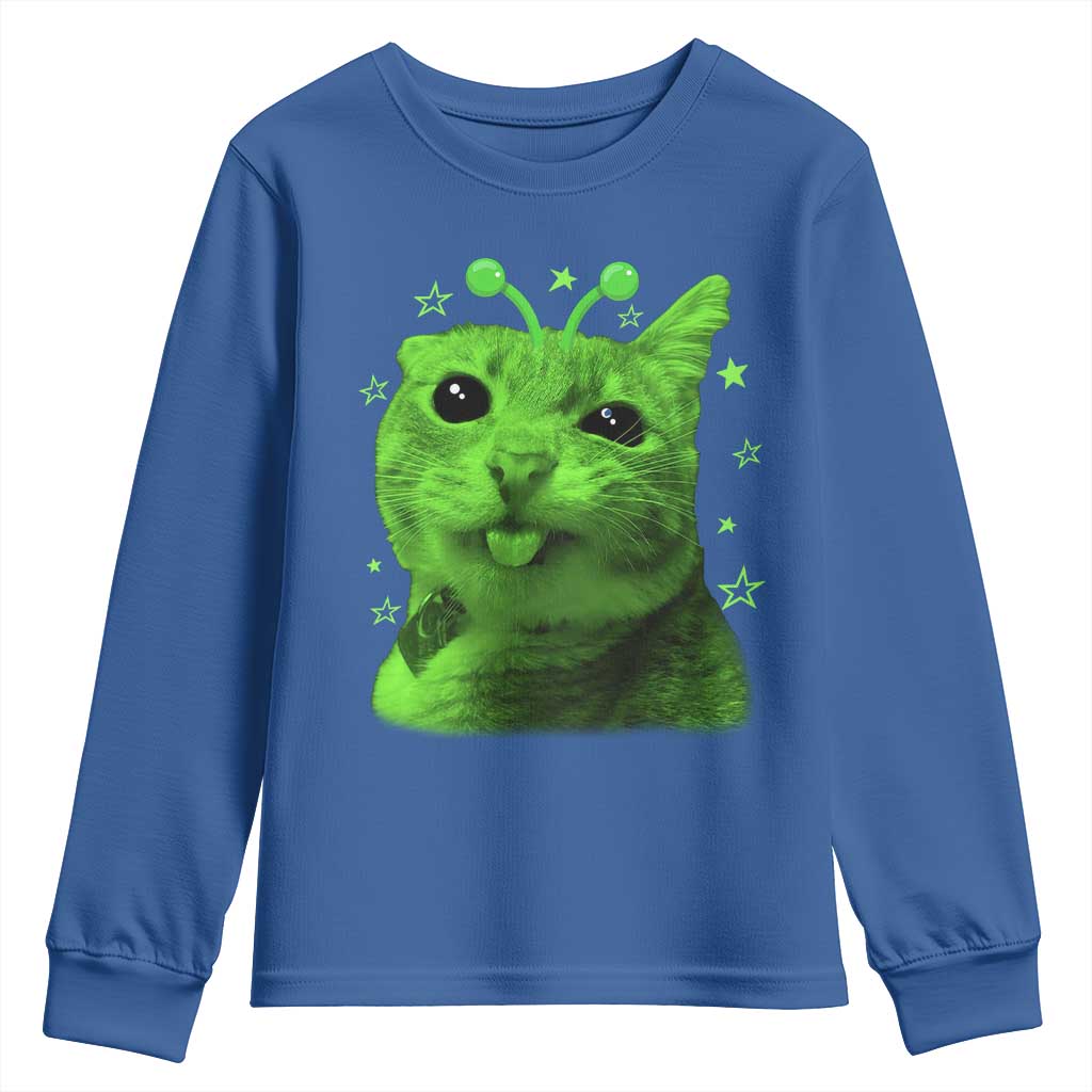Funny Alien Cat Meme Retro Y2K Vintage Space Kitty Youth Sweatshirt TS10 Royal Blue Print Your Wear