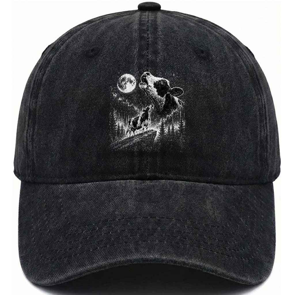 Cow Howling at Moon Vintage 90s Graphic Washed Cotton Baseball Cap Retro Farm Animal Country Western Gift TS10 Print Your Wear